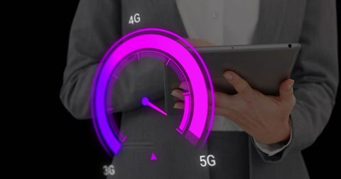 Businesswoman using tablet with purple speedometer graphic