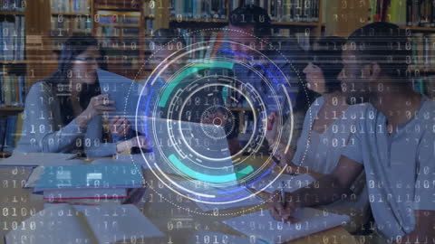 Diverse Team Collaborating with Digital Interface in Library