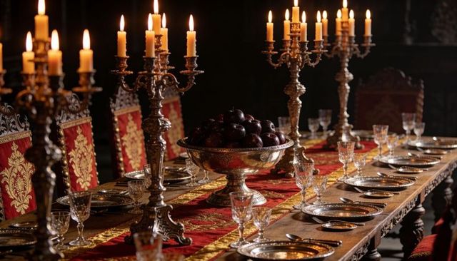 Opulent candlelit banquet table glowing with gilded candelabras, red-gold runner and crystal goblets