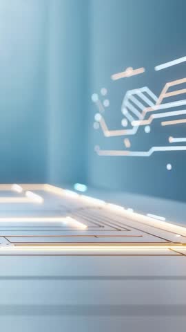 Vertical 9:16 futuristic data hub panning reveal with glowing circuit hexagons