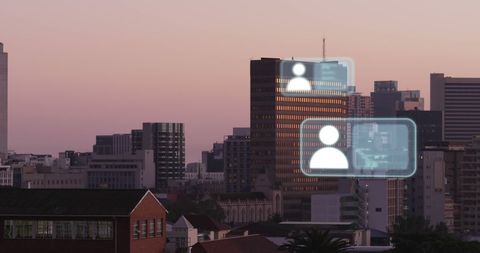 Digital Network Icons Over Modern Cityscape at Dusk - Download Free Stock Images Pikwizard.com