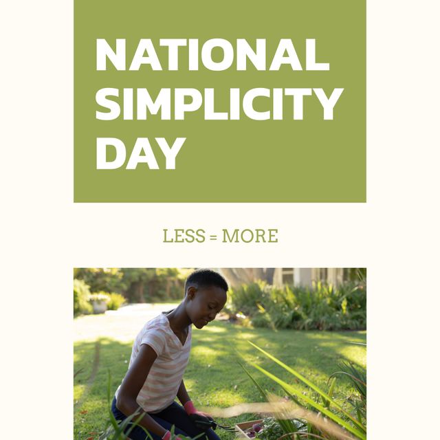 This image features a happy African American woman enjoying gardening in celebration of National Simplicity Day. It can be used to promote eco-friendly practices, simple living, and sustainability projects. This imagery is ideal for social media posts, blog articles, and educational materials focused on environmental awareness and healthy living.