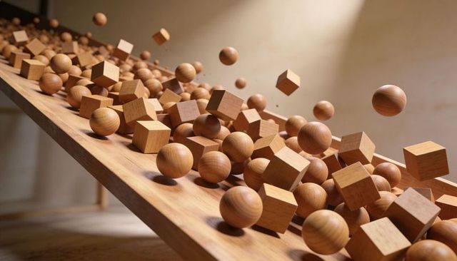Tumbling wooden cubes and spheres on diagonal plank creating dynamic kinetic motion
