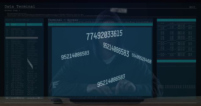 Person performs hacking activities on data terminal with codes and numbers visible on screen. Suitable for cyber security, technology threats, data protection themes.