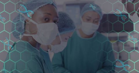 Diverse Surgeons Analyzing Data with Digital Interface