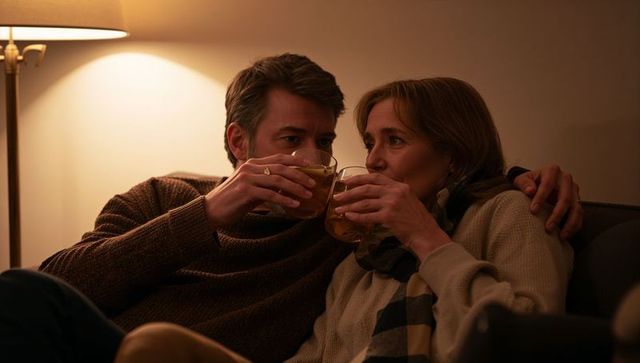 Couple cuddling on couch sipping tea by warm lamp light cozy intimate evening at home
