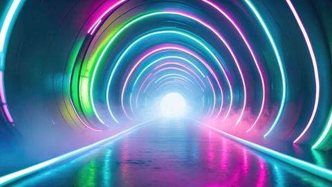 Futuristic Neon Tunnel with LED Arches and Mist