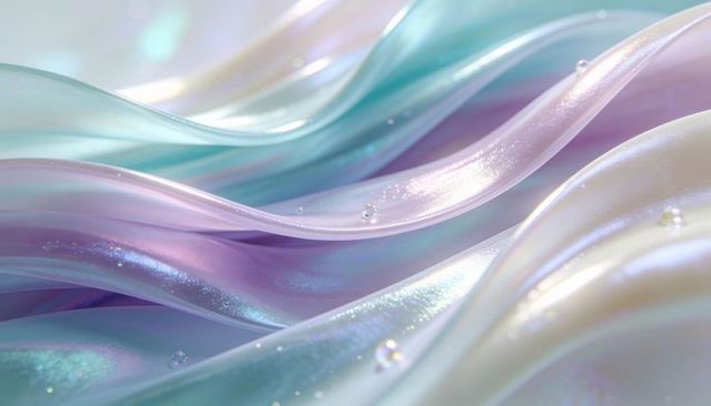 Iridescent pearlescent waves flowing with glittering droplets pastel opalescent texture