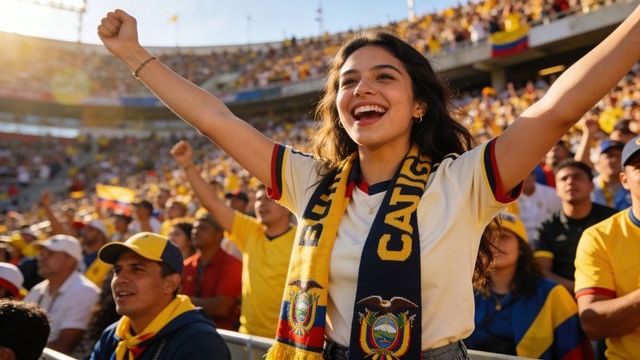 Hispanic woman cheering with arms raised in vibrant stadium crowd wearing team scarf