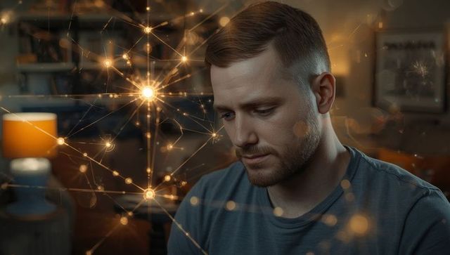 Man in Home Office Examining Golden Network Overlay Technology