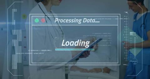 Female doctor reviewing patient data with hud overlay and loading analytics interface