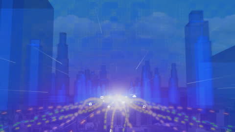 Digital Light Trails Weaving Through High-Tech Cityscape