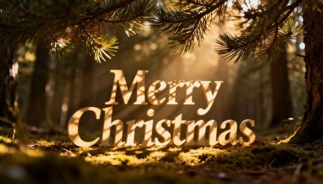 Glowing merry christmas wooden letters on mossy forest floor with backlit sunbeams
