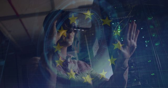 Person Using Virtual Reality Headset with European Union Flag Overlay - Download Free Stock Images Pikwizard.com