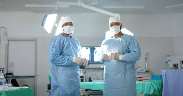 Portrait of diverse male surgeons with face masks and medical gloves in operating room. Medicine, healthcare, surgery and hospital, unaltered.