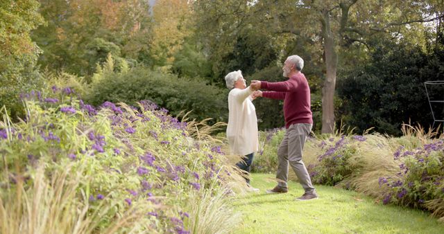Happy diverse senior couple holding hands and dancing in sunny garden, copy space - Download Free Stock Photos Pikwizard.com