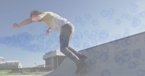 Man Skateboarding in Urban Scene with Digital Bubbles Overlay - Download Free Stock Images Pikwizard.com