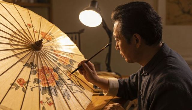 Asian artisan painting floral paper parasol by lamp in cozy traditional workshop
