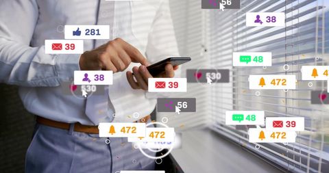 Businessman Engaged with Social Media Notifications on Smartphone