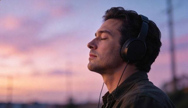 Young man listening with headphones at sunset on rooftop urban evening portrait bokeh