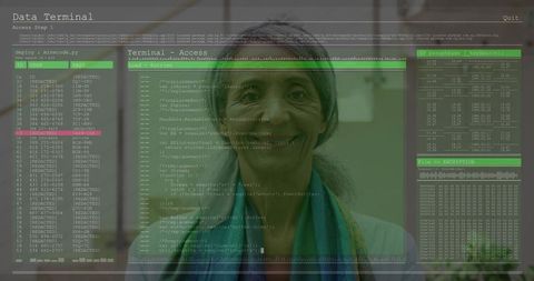 Mature Woman Engaged in Code Monitoring with Transparent Tech Interface