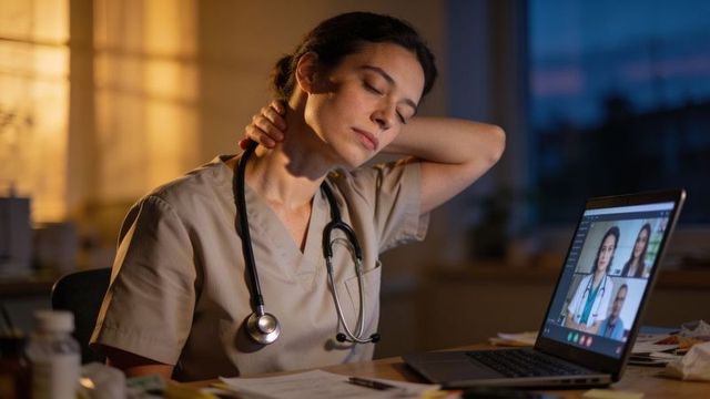 Nurse rubbing neck after long telemedicine shift at dusk, showing clinician fatigue and burnout