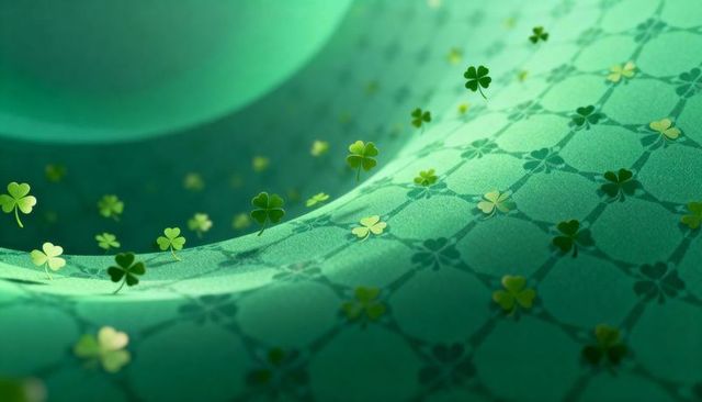 Flowing green lattice fabric with scattered shamrocks and macro trefoil pattern