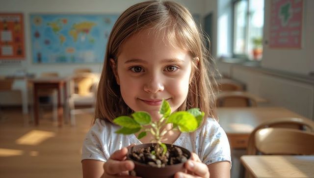 Young girl holding potted seedling in sunlit classroom, environmental education and growth