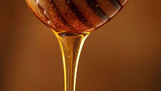Golden Honey Streaming in Rich, Viscous Ribbon from Honey Dipper