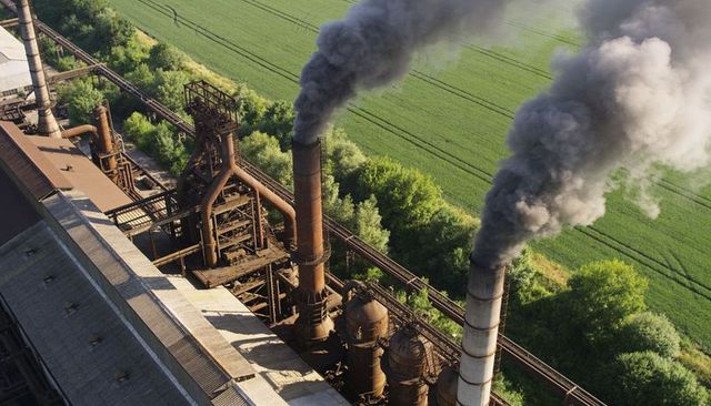 Aerial view of steel plant releasing thick smoke over green fields from tall smokestacks