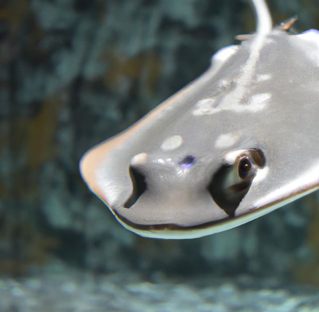 Stingray swimming underwater with detailed close-up showing patterns and texture. Useful for oceanography presentations, educational materials, marine life posters, and underwater wildlife documentaries.