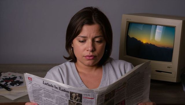 Woman reading newspaper at desk next to vintage crt monitor showing sunset reflection