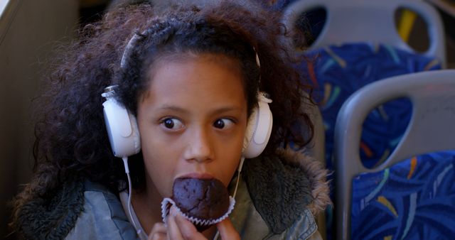 African american girl wearing headphones sitting in city bus eating cupcake. Communication, childhood, transport, city living and lifestyle, unaltered.