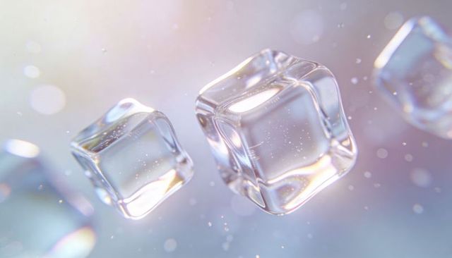 Floating transparent crystal cubes refracting pastel light with soft bokeh and particles