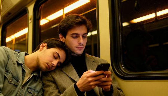 Intimate late-night metro commute: partner resting on shoulder while scrolling phone