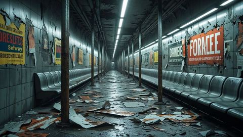 Abandoned subway station with rustic decay and grunge aesthetic in apocalypse aftermath