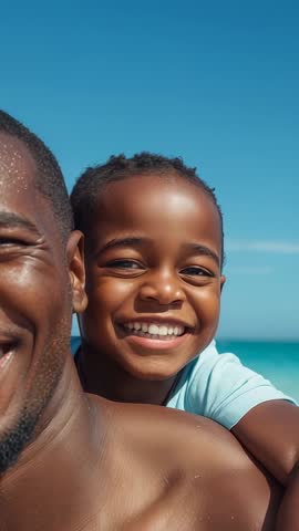 Dad carrying son on shoulders at sunny beach, smiling and playing in vertical video