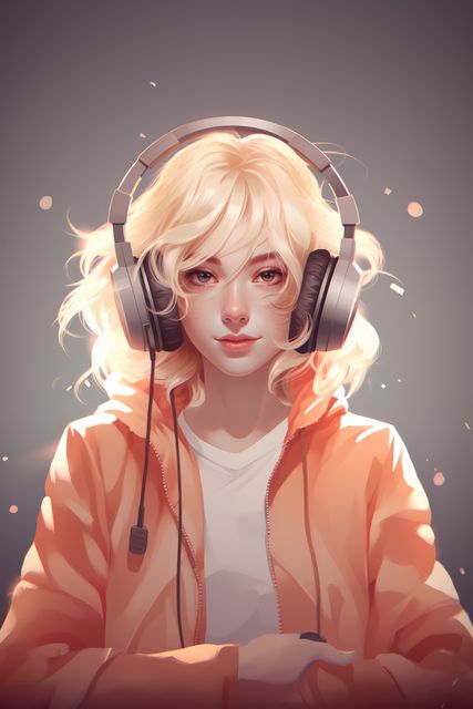 Portrait of blonde woman wearing headphones and orange jacket, smiling and listening to music. Great for illustrating modern lifestyles, music-related themes, casual fashion, and relaxation concepts. Suitable for websites, advertisements, and social media campaigns.