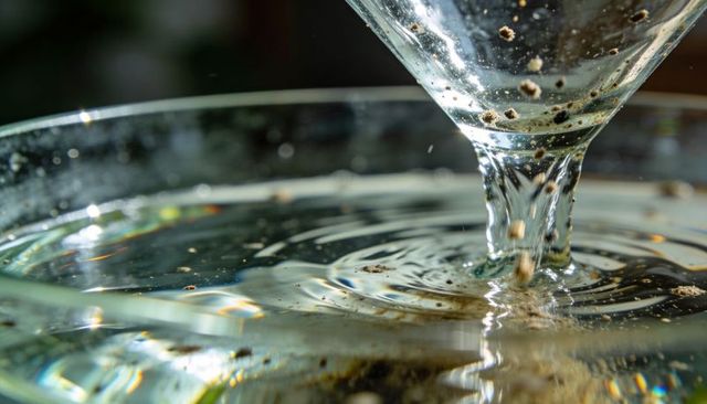 Tilted glass pouring gritty water, creating circular ripples and prismatic reflections
