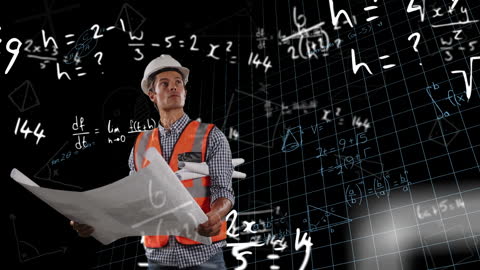 Architect Analyzing Blueprint with Projected Mathematical Formulas