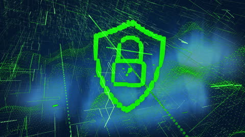 Cyber Security Icon with Green Padlock and Digital Grid Overlay