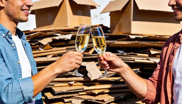 Celebrating moving day with champagne flutes and friends near stacked cardboard boxes