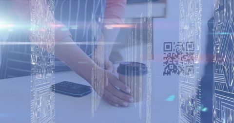 Woman Holding Coffee Cup Near Smartphone With QR Code