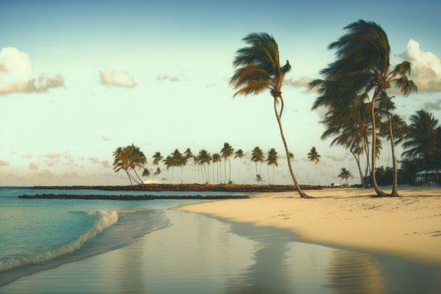 Sunset over a tropical beach with calm waves, and tall palm trees, creating a serene and tranquil coastal landscape. This can be used in travel brochures, summer vacation ads, websites promoting beach resorts, or as a background image for relaxation and wellness content.