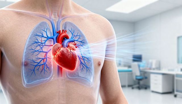 Male torso showing translucent lungs and beating heart medical illustration in clinical lab