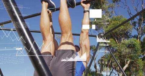 Mid-adult athlete performing hanging leg raises on outdoor pull-up rig with data overlays