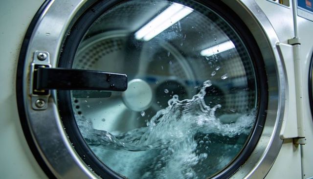 Front-load washer door containing sloshing water and bubbles through glass porthole