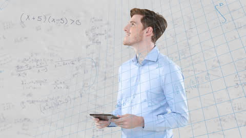 Businessman Analyzing Mathematical Data on Transparent Screen