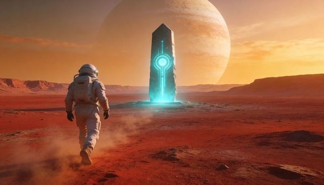 Astronaut walking across red alien plain toward glowing cyan monolith under gas giant