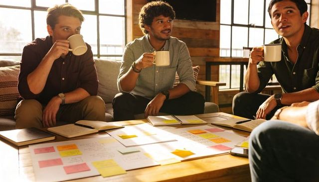 Startup team brainstorming over sticky notes in cozy lounge while sharing coffee and ideas